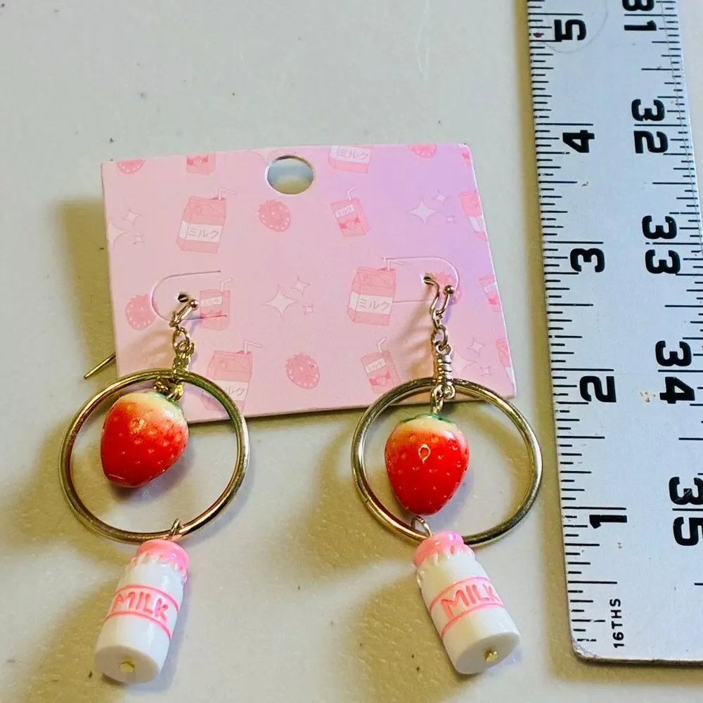 Kawaii Strawberry Milk Bottle Lolita Earrings Cute Pastel Harajuku Cottagecore